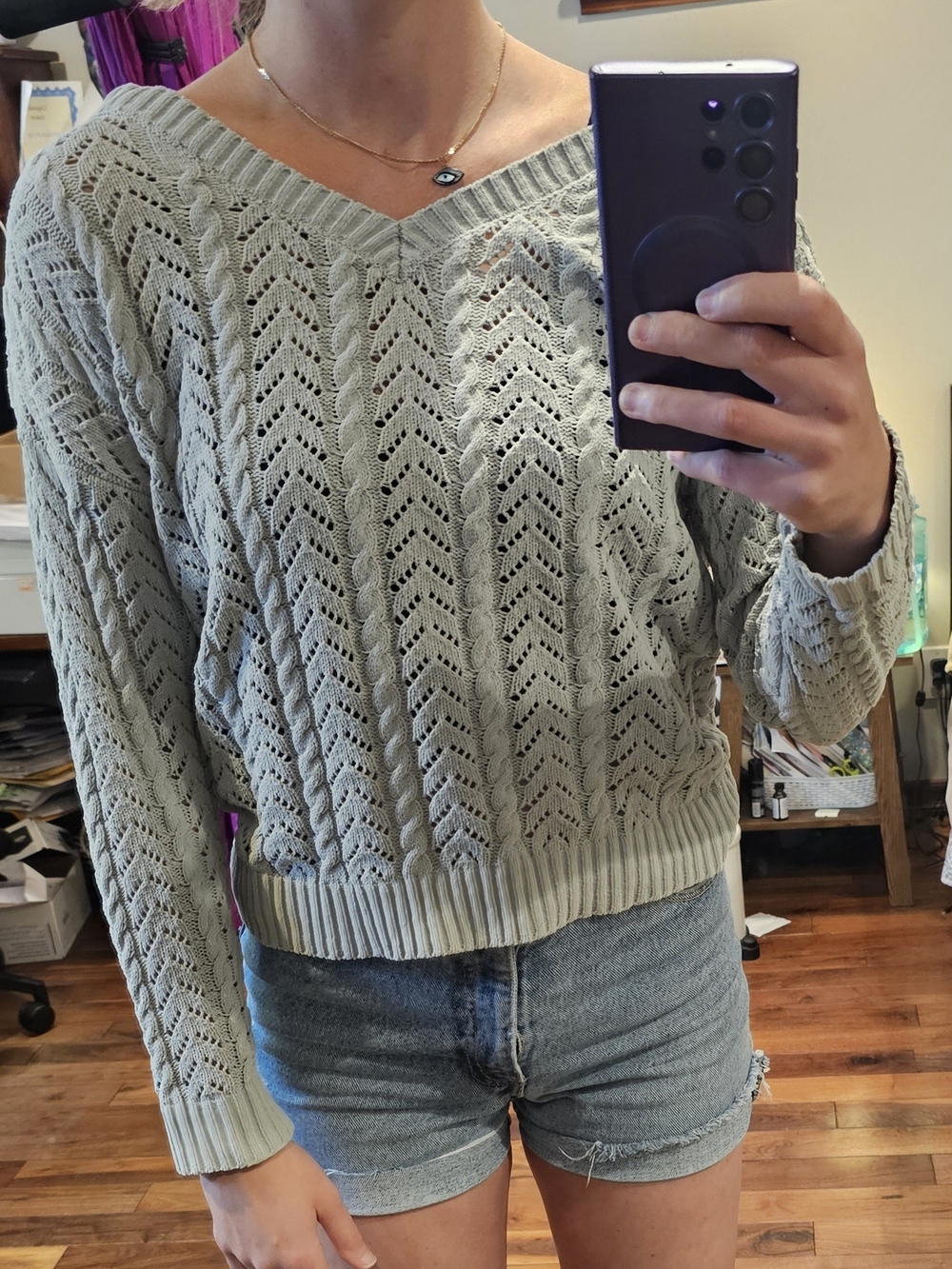 moon & madison Mint Open-Knit V-Neck Back Sweater